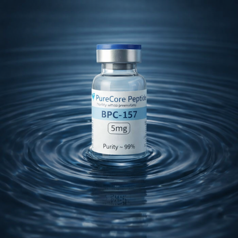 BPC-157 5mg peptide vial from PureCore Peptides placed on dark blue water with circular ripple effect, showcasing purity and laboratory research quality